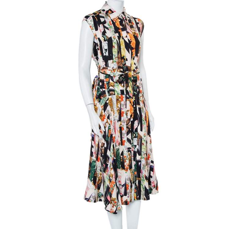 Pre Owned Burberry Multicolor Floral Printed Silk Belted Sacha Shirt Dress S