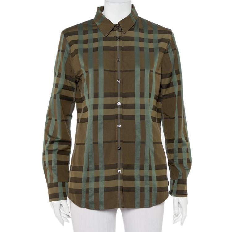 Pre Owned Burberry Military Green Checkered Cotton Button Front Shirt M