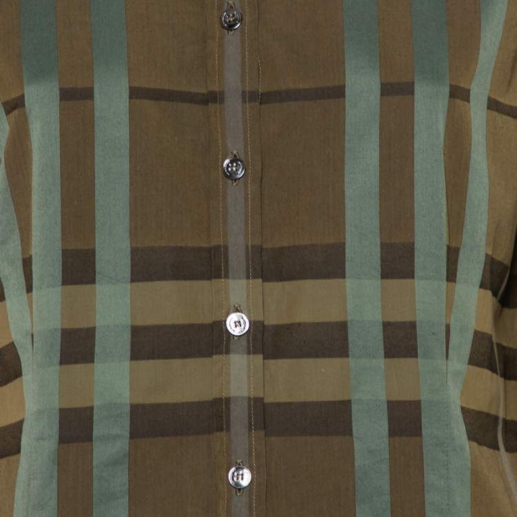 Pre Owned Burberry Military Green Checkered Cotton Button Front Shirt M