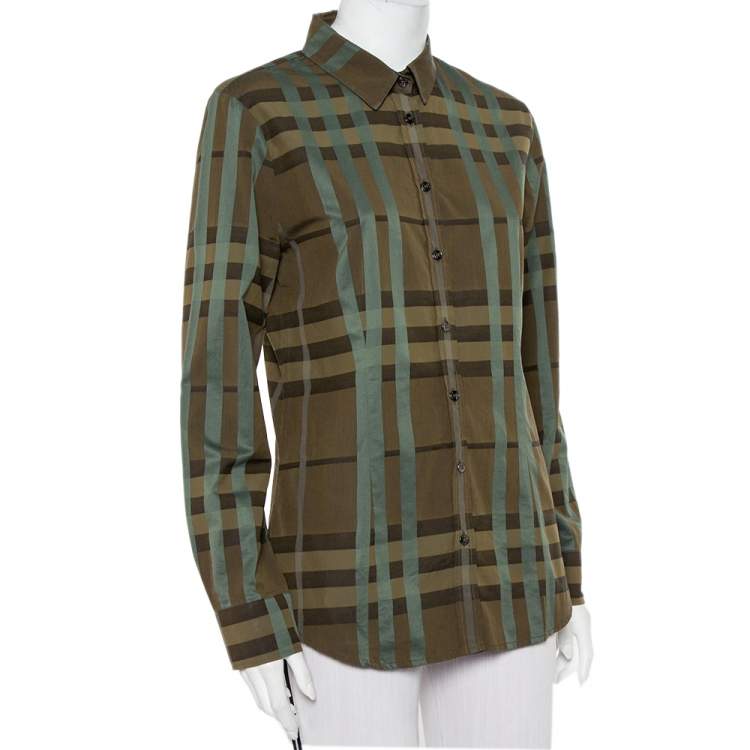 Pre Owned Burberry Military Green Checkered Cotton Button Front Shirt M