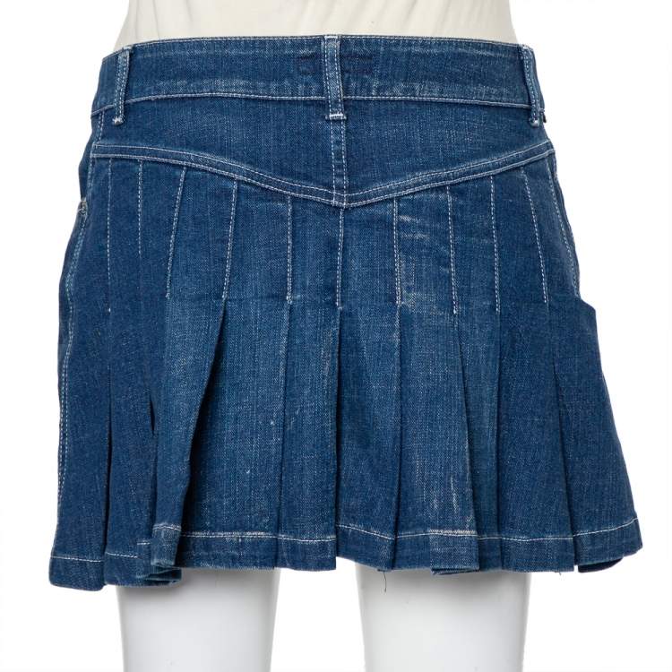 Pre Owned Burberry Navy Blue Denim Pleated Detail Mini Skirt S