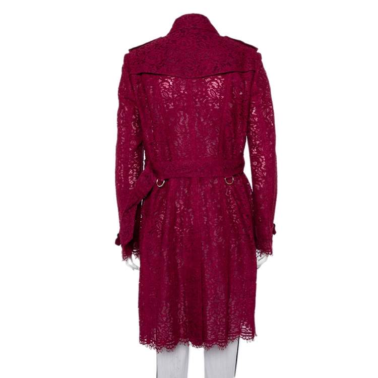 مملوكة مسبقًا Burberry Burgundy Lace Double Breasted Belted Trench Coat L