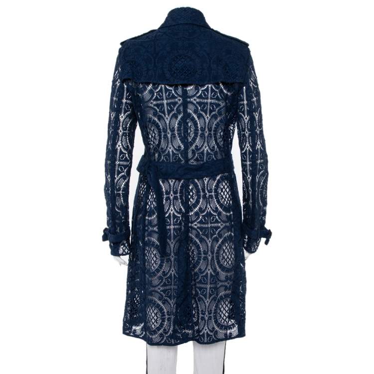 مملوكة مسبقًا Burberry Navy Blue Lace Double Breasted Belted Stanhill Trench Coat L
