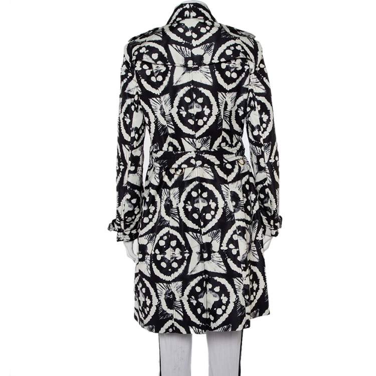 Pre Owned Burberry Monochrome Ink Tie Dye Printed Silk Double Breasted Belted Trench Coat L