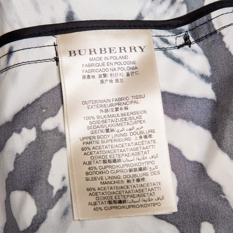 Pre Owned Burberry Monochrome Ink Tie Dye Printed Silk Double Breasted Belted Trench Coat L