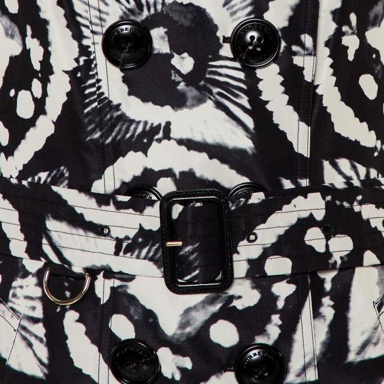 Pre Owned Burberry Monochrome Ink Tie Dye Printed Silk Double Breasted Belted Trench Coat L