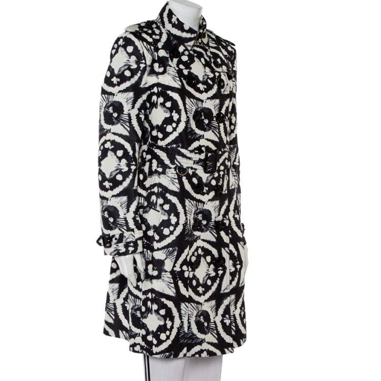 Pre Owned Burberry Monochrome Ink Tie Dye Printed Silk Double Breasted Belted Trench Coat L