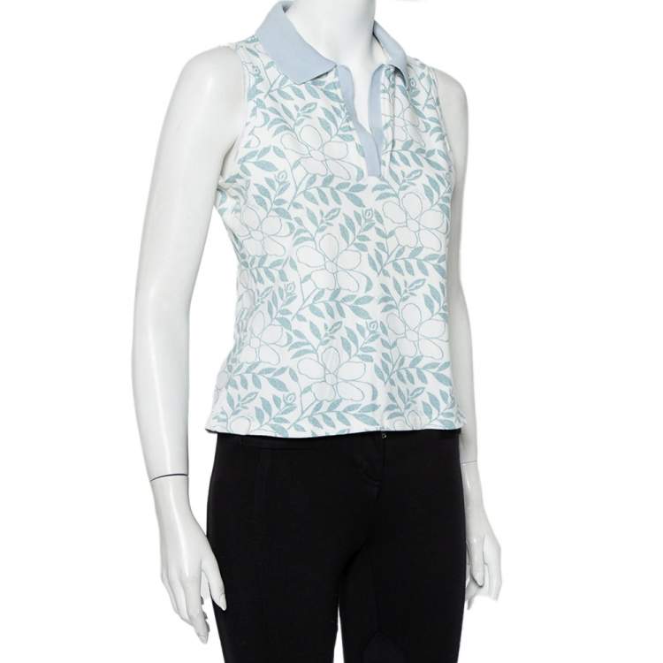 Pre Owned Burberry White Floral Printed Cotton Pique Sleeveless Polo T-Shirt L