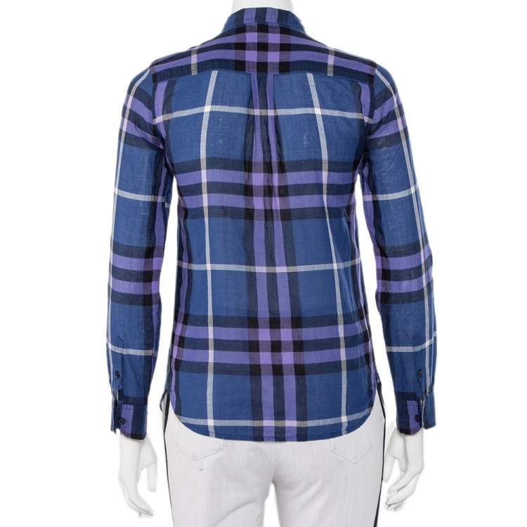 Pre Owned Burberry Brit Navy Blue Checkered Cotton Half Buttoned Shirt XXS