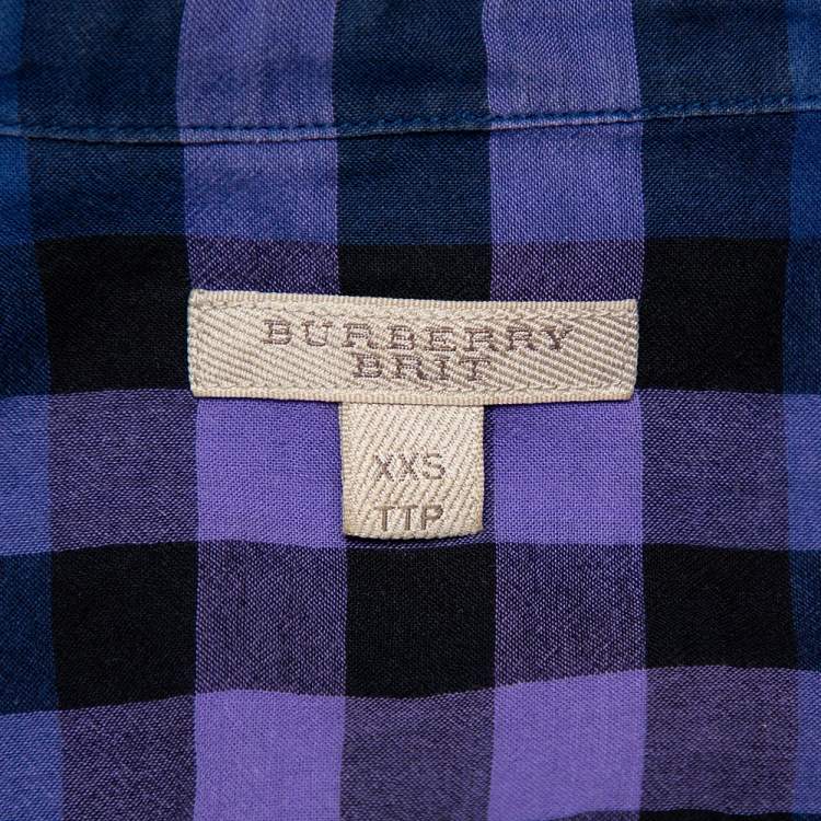 Pre Owned Burberry Brit Navy Blue Checkered Cotton Half Buttoned Shirt XXS