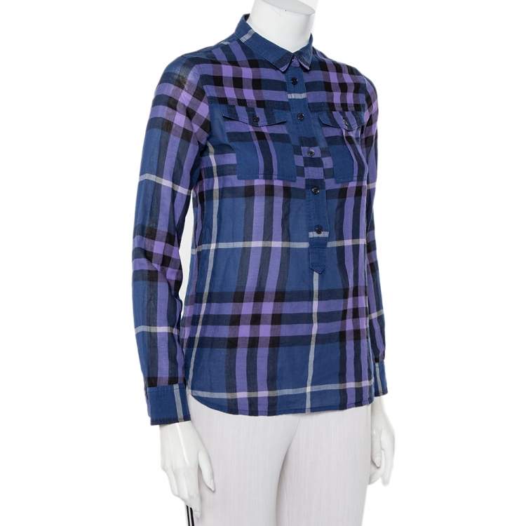 Pre Owned Burberry Brit Navy Blue Checkered Cotton Half Buttoned Shirt XXS