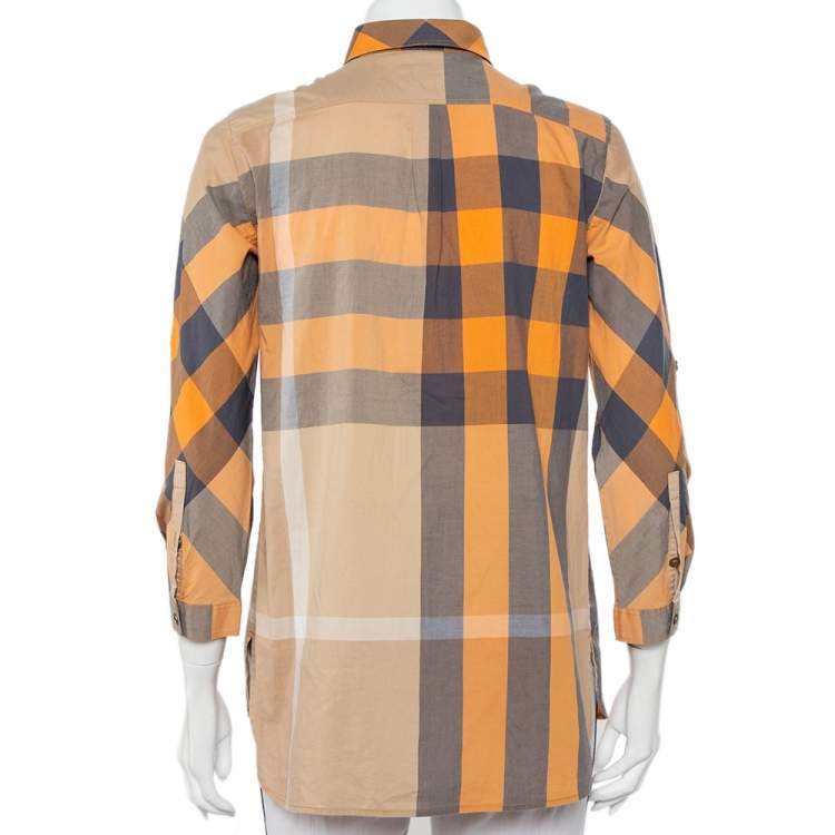 Pre Owned Burberry Brit Orange Nova Check Cotton Half Buttoned Shirt XS