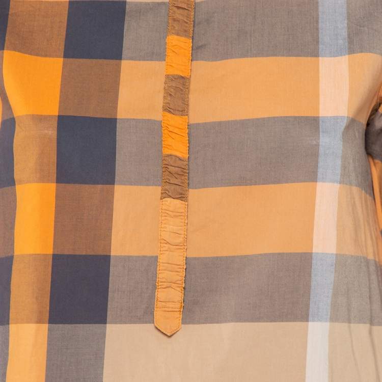 Pre Owned Burberry Brit Orange Nova Check Cotton Half Buttoned Shirt XS