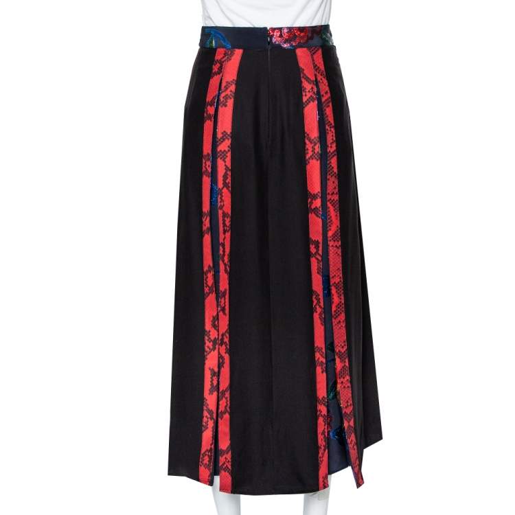 Pre Owned Burberry Black Silk & Metallic Floral Fil Coupe Paneled Midi Skirt XS
