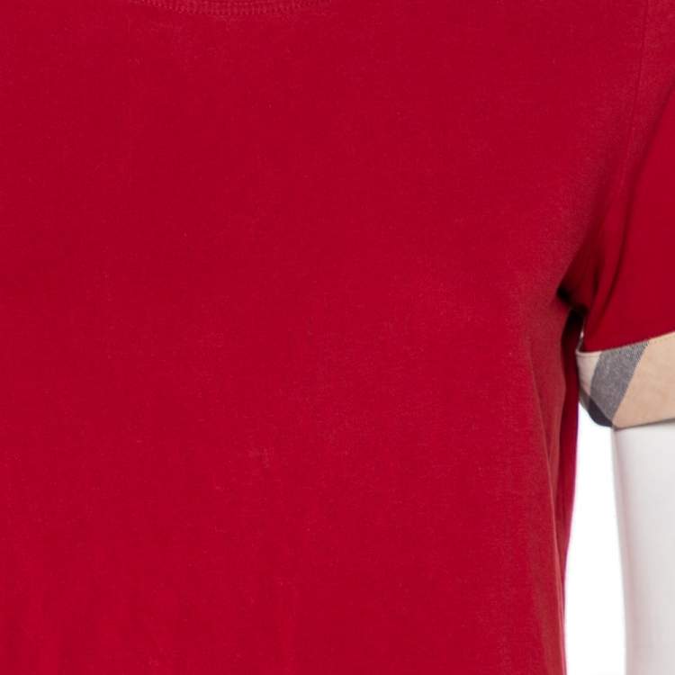 Pre Owned Burberry Brit Red Cotton Check Sleeve Cuff Detail Crewneck T-Shirt M