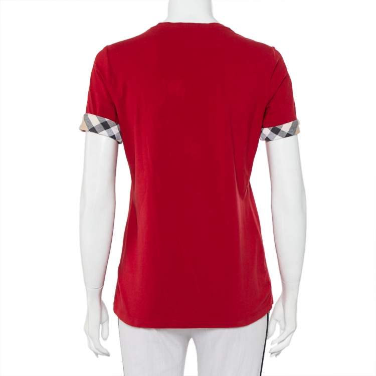 Pre Owned Burberry Brit Red Cotton Check Sleeve Cuff Detail Crewneck T-Shirt M