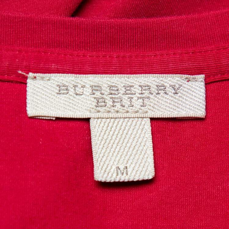 Pre Owned Burberry Brit Red Cotton Check Sleeve Cuff Detail Crewneck T-Shirt M