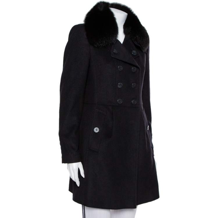 Pre Owned Burberry Black Wool & Fur Lined Double Breasted Long Jacket M