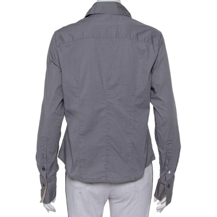 Pre Owned Burberry Grey Cotton V-Neck Collared Button Front Shirt XL