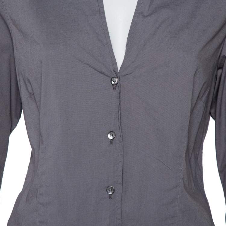 Pre Owned Burberry Grey Cotton V-Neck Collared Button Front Shirt XL