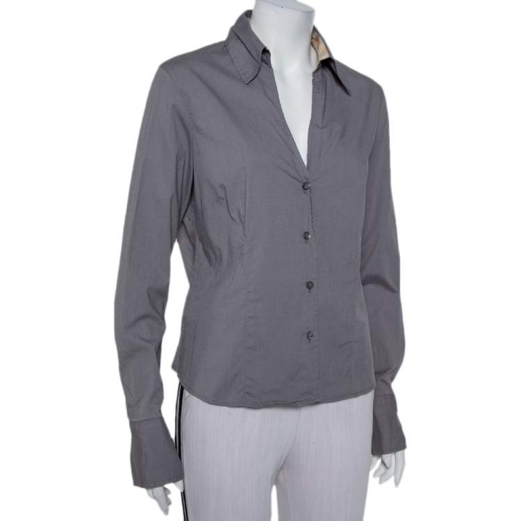 Pre Owned Burberry Grey Cotton V-Neck Collared Button Front Shirt XL