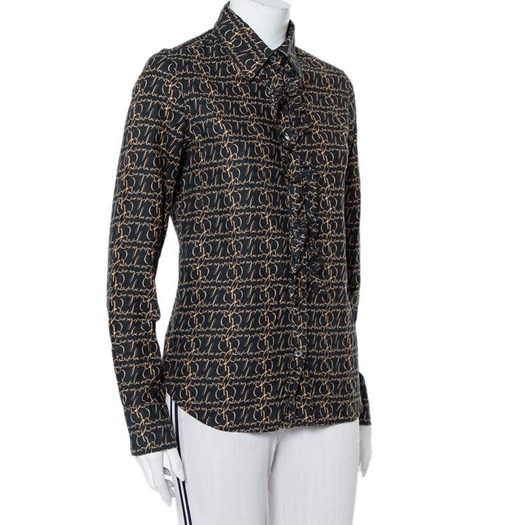 Pre Owned Burberry Black Logo Printed Cotton Ruffled Neck Detail Button Front Shirt M