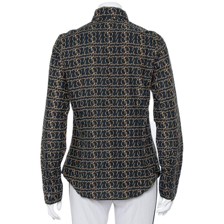 Pre Owned Burberry Black Logo Printed Cotton Ruffled Neck Detail Button Front Shirt M