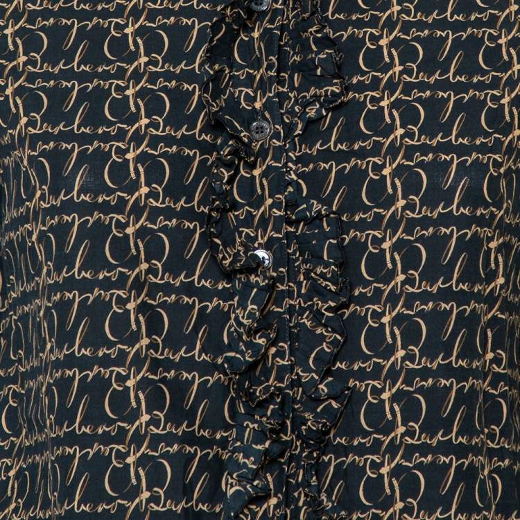 Pre Owned Burberry Black Logo Printed Cotton Ruffled Neck Detail Button Front Shirt M