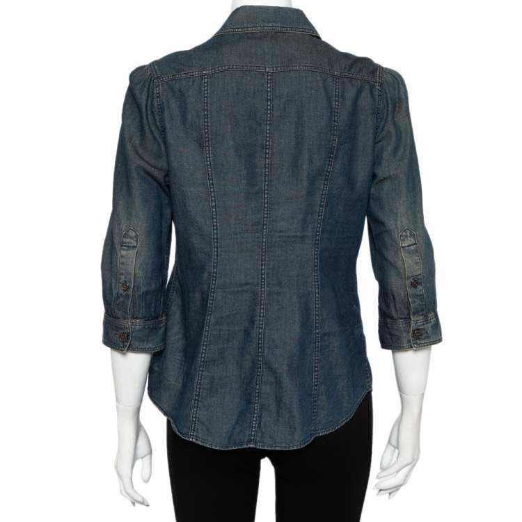 Pre Owned Burberry Brit Navy Blue Lightweight Denim Button Front Shirt M