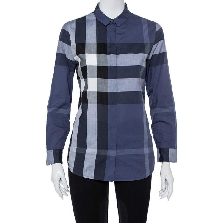 Burberry Navy Blue Checkered Cotton Button Front Shirt S Burberry | TLC