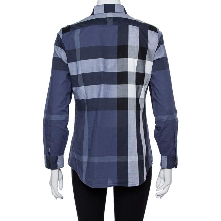 Pre Owned Burberry Navy Blue Checkered Cotton Button Front Shirt S