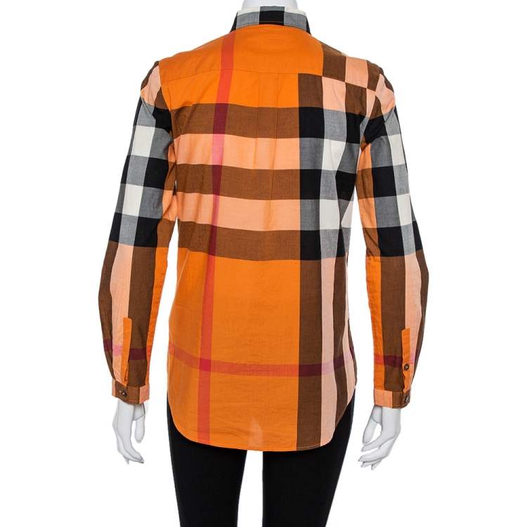 Pre Owned Burberry Brit Orange Checkered Cotton Button Front Top XS
