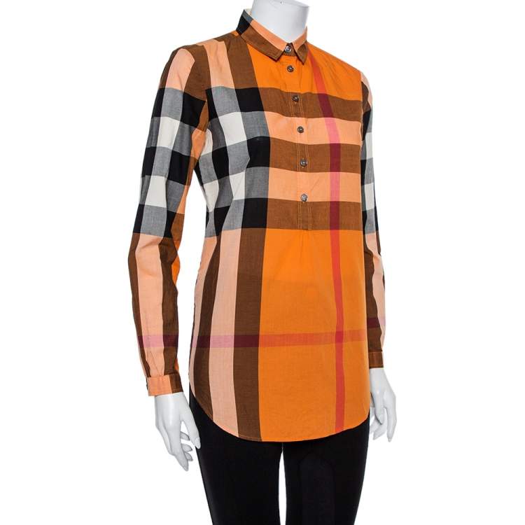 Pre Owned Burberry Brit Orange Checkered Cotton Button Front Top XS