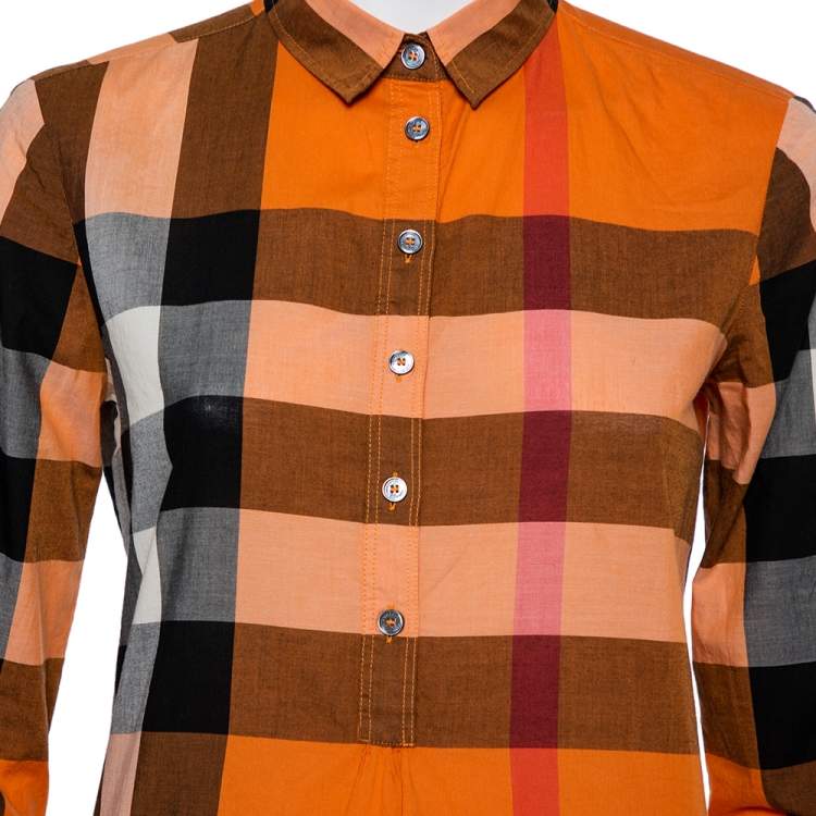 Pre Owned Burberry Brit Orange Checkered Cotton Button Front Top XS
