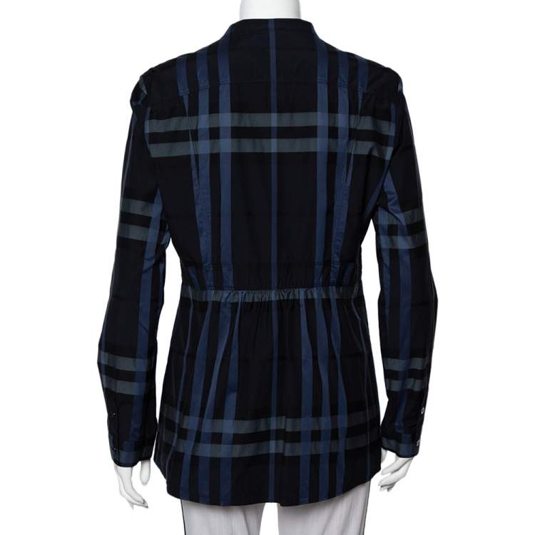 Pre Owned Burberry Navy Blue Checkered Cotton Zip Front Stand Collar Top M