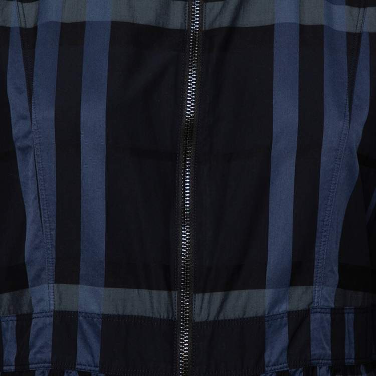 Pre Owned Burberry Navy Blue Checkered Cotton Zip Front Stand Collar Top M