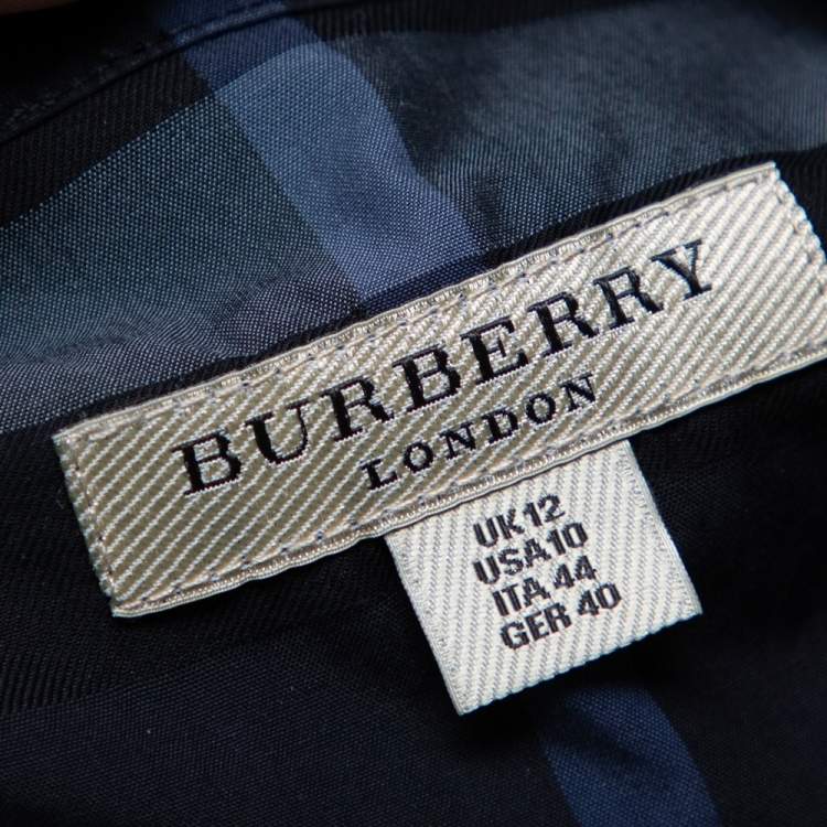 Pre Owned Burberry Navy Blue Checkered Cotton Zip Front Stand Collar Top M