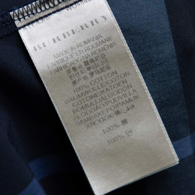Pre Owned Burberry Navy Blue Checkered Cotton Zip Front Stand Collar Top M