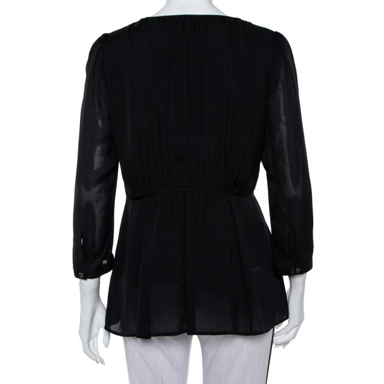 Pre Owned Burberry Black Silk Gathered Detail Zip Front Top M