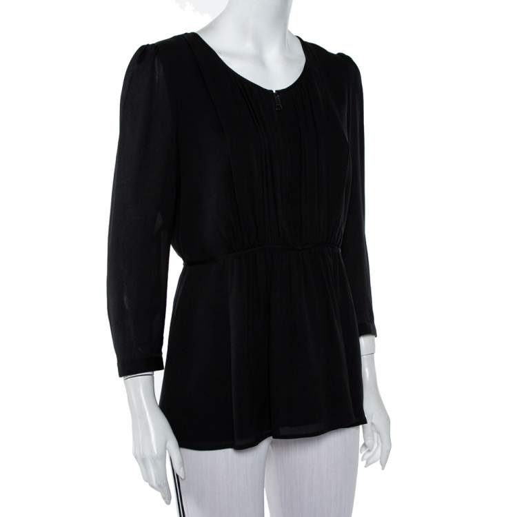 Pre Owned Burberry Black Silk Gathered Detail Zip Front Top M