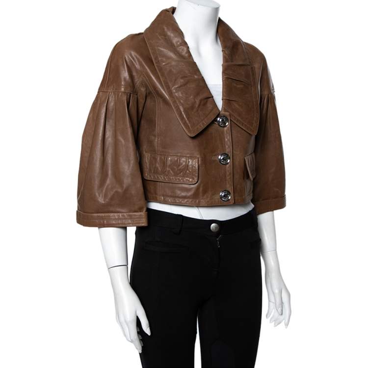 Pre Owned Burberry Brown Leather Pleated Detail Button Front Cropped Jacket S
