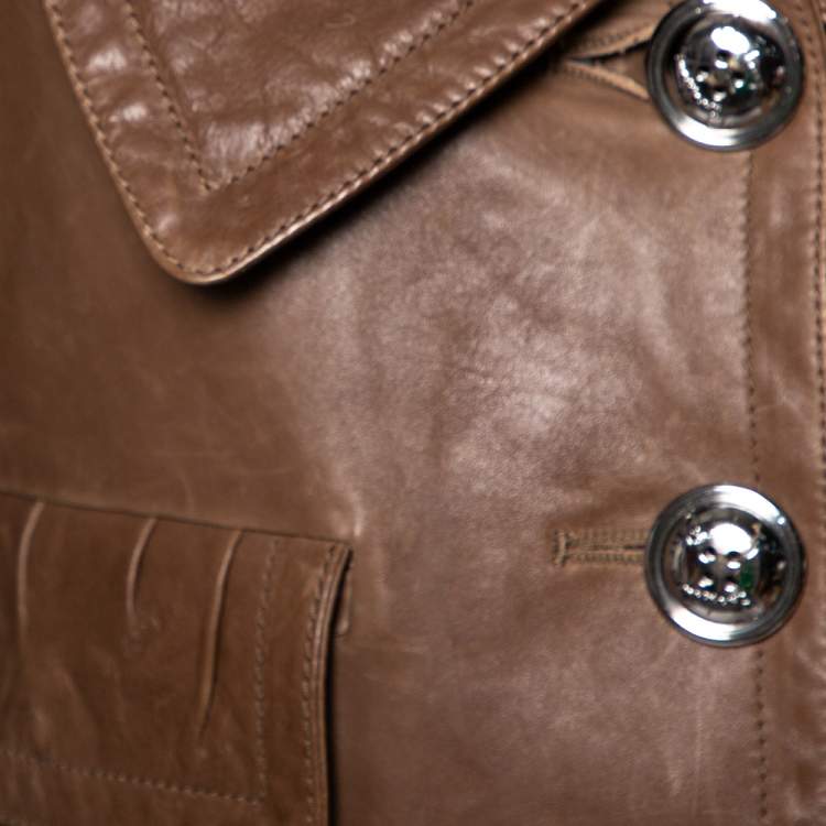 Pre Owned Burberry Brown Leather Pleated Detail Button Front Cropped Jacket S