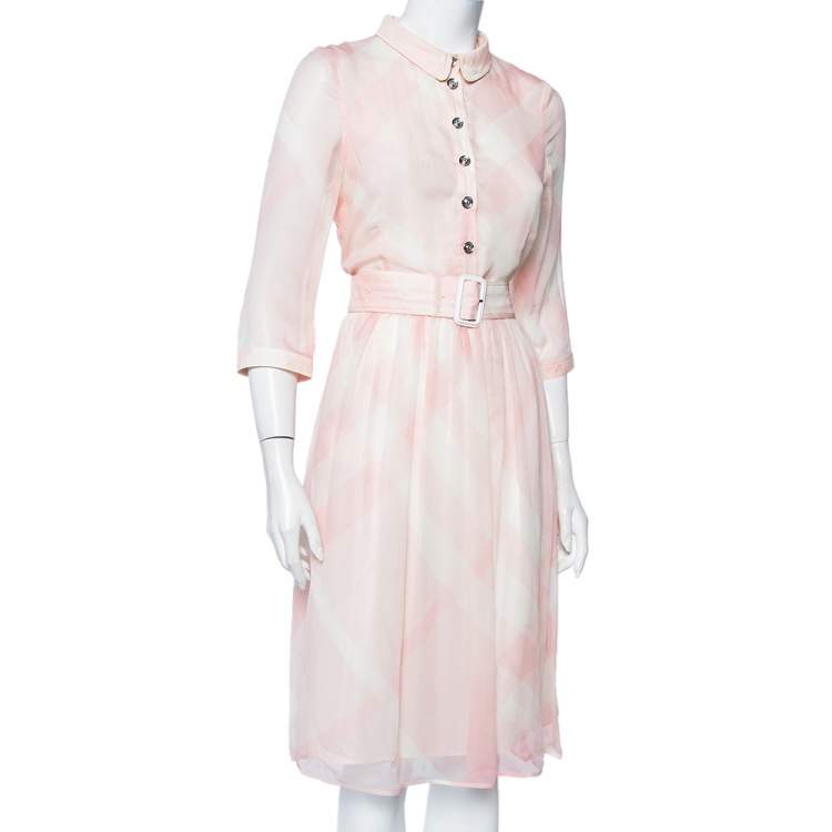 Pre Owned Burberry Pink Checkered Silk Button Front Belted Dress M