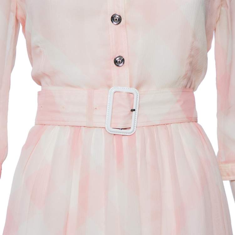 Pre Owned Burberry Pink Checkered Silk Button Front Belted Dress M