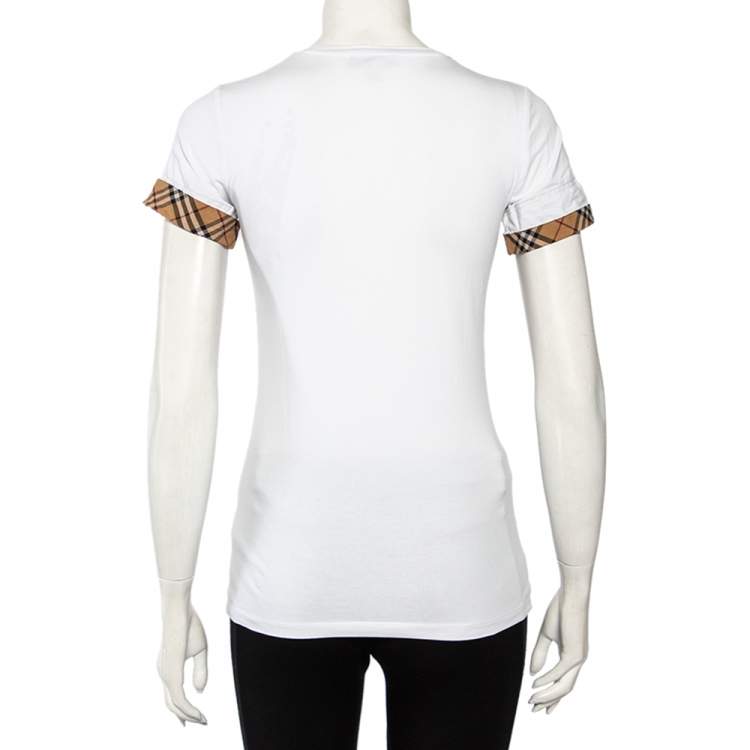 Pre Owned Burberry White Cotton Check Trim Roundneck T-Shirt XS