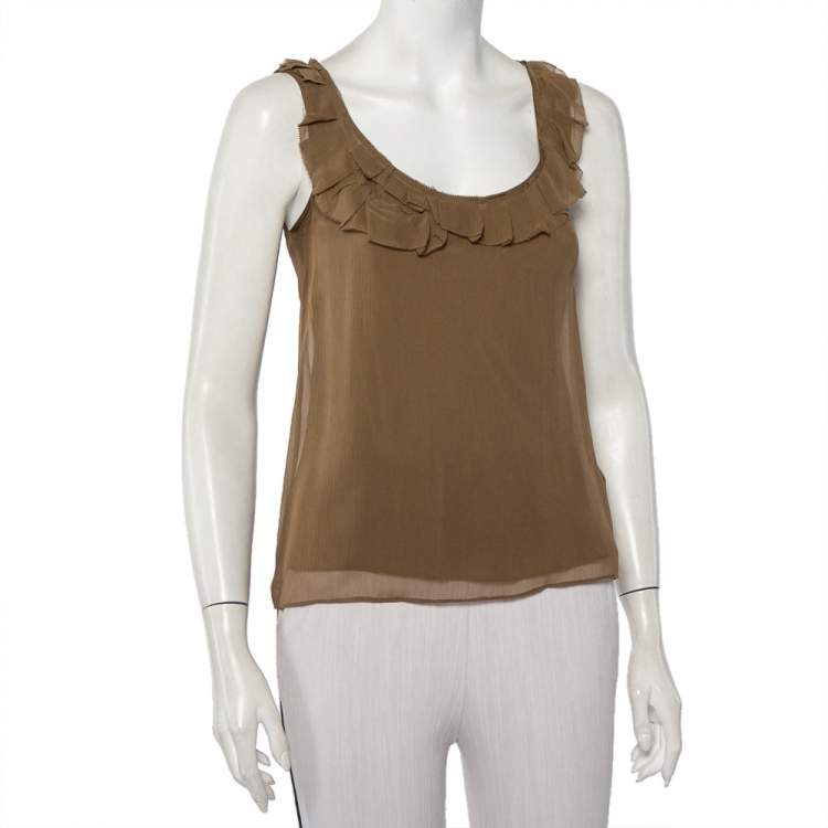 Pre Owned Burberry Brit Khaki Silk Ruffle Neck Detail Sleeveless Top XXS