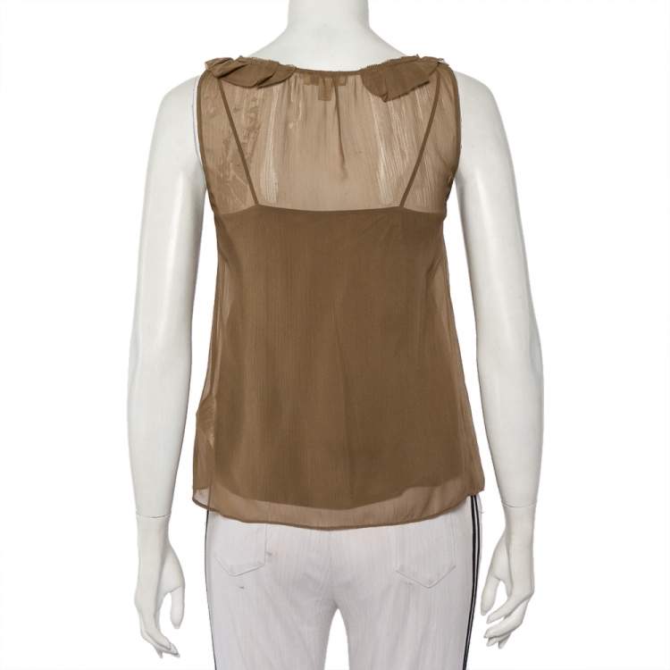 Pre Owned Burberry Brit Khaki Silk Ruffle Neck Detail Sleeveless Top XXS