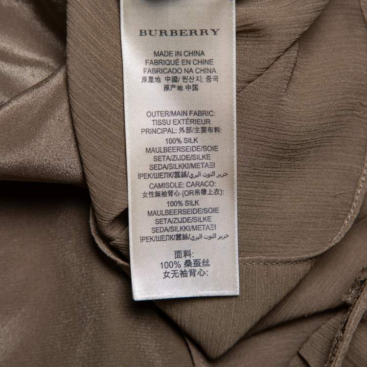 Pre Owned Burberry Brit Khaki Silk Ruffle Neck Detail Sleeveless Top XXS