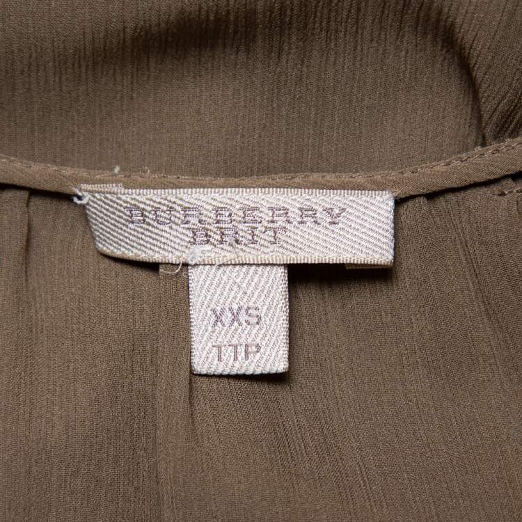 Pre Owned Burberry Brit Khaki Silk Ruffle Neck Detail Sleeveless Top XXS