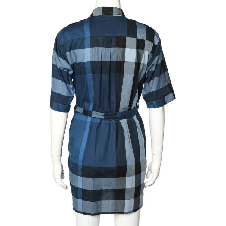 Pre Owned Burberry Brit Blue Checkered Cotton Belted Mini Dress S